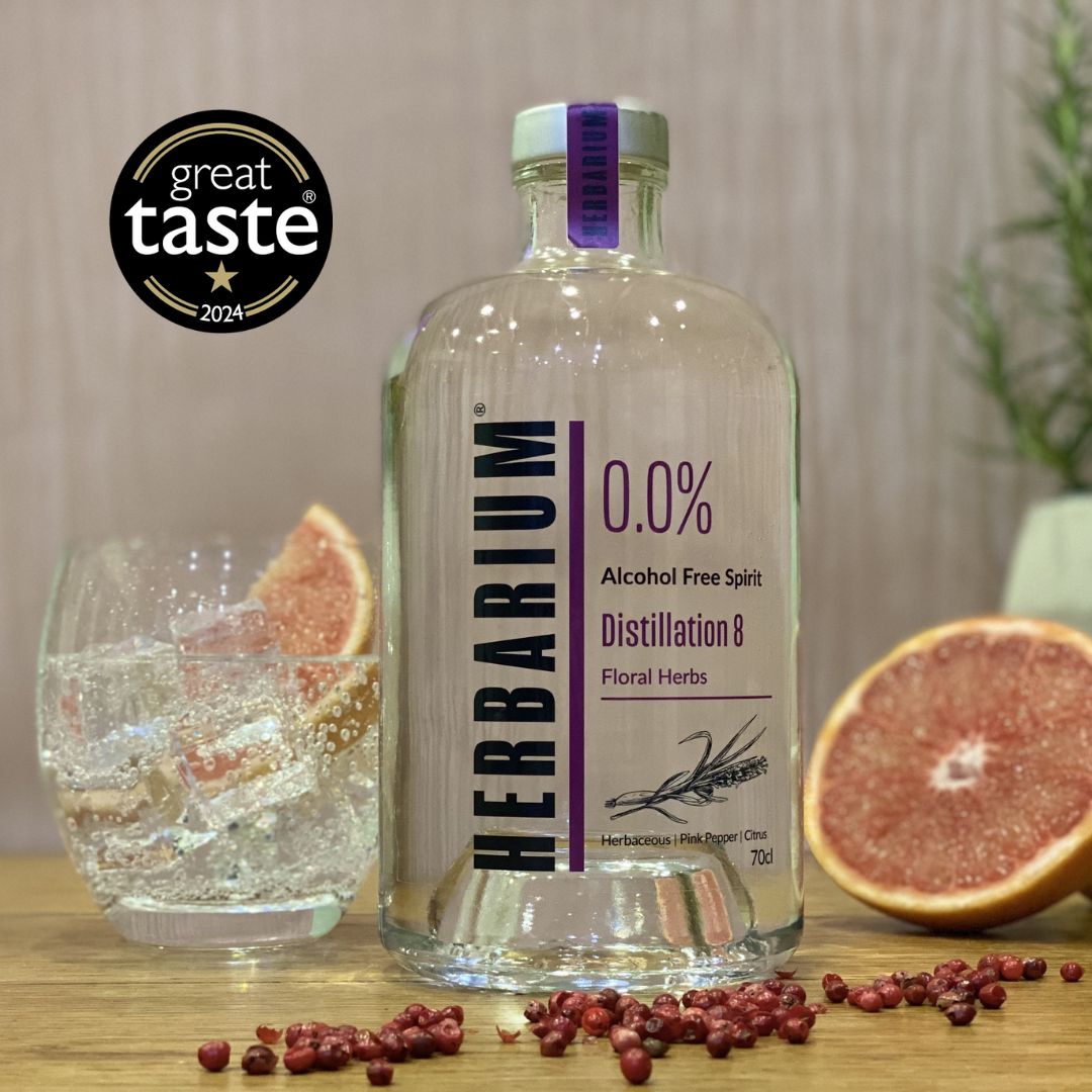 herbarium distillation 8 with a glass pink pepper citrus and great taste award sticker