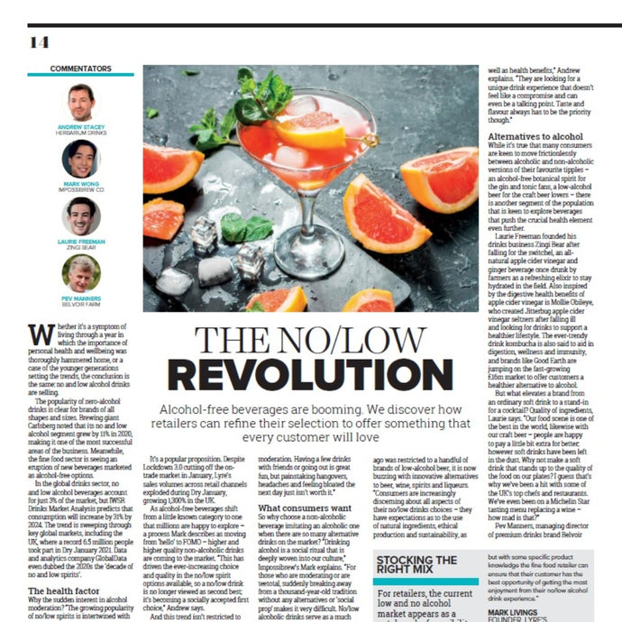 Speciality Food Magazine (April 2021) article "The No/Low Revolution" features Herbarium Drinks
