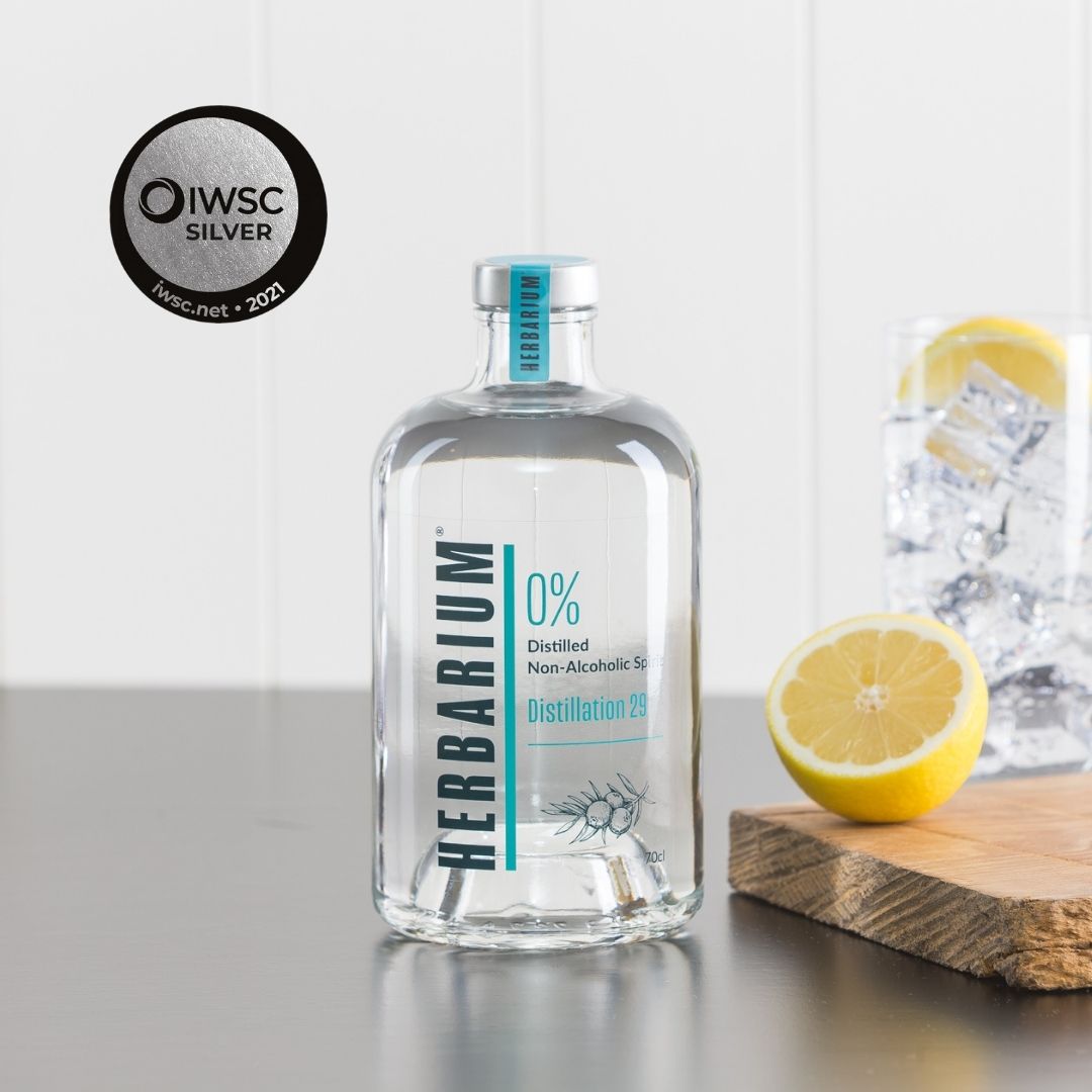 Herbarium Distillation 29 alcohol free gin 70cl bottle with glass, ice and lemons with IWSC silver medal award